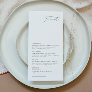 EVELYN Minimalistyczny szablon karty menu weselnego Eleganckie karty menu kolacji Nowoczesny skrypt Długie menu Edytowalna świąteczna uczta kolacyjna