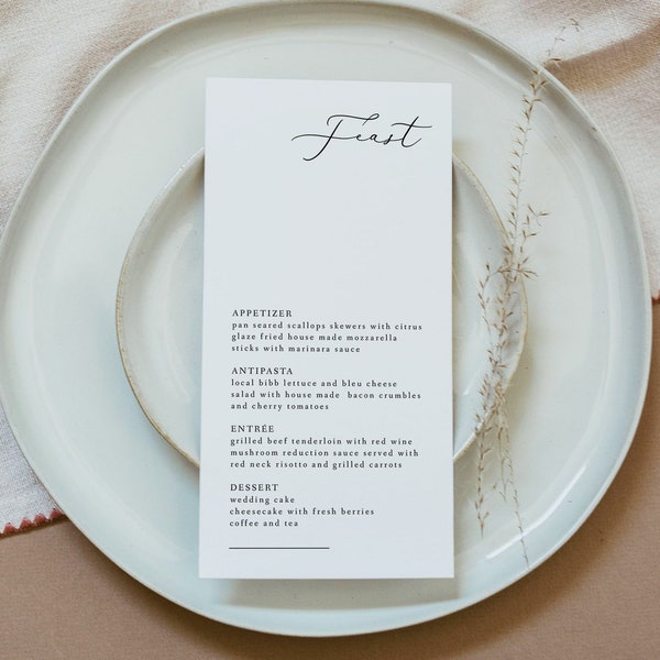 EVELYN Minimalistische Hochzeitsmenükarte Vorlage Elegante Abendmenukarten Moderne Schrift Langes Menü Bearbeitbar Urlaub Abendessen Fest