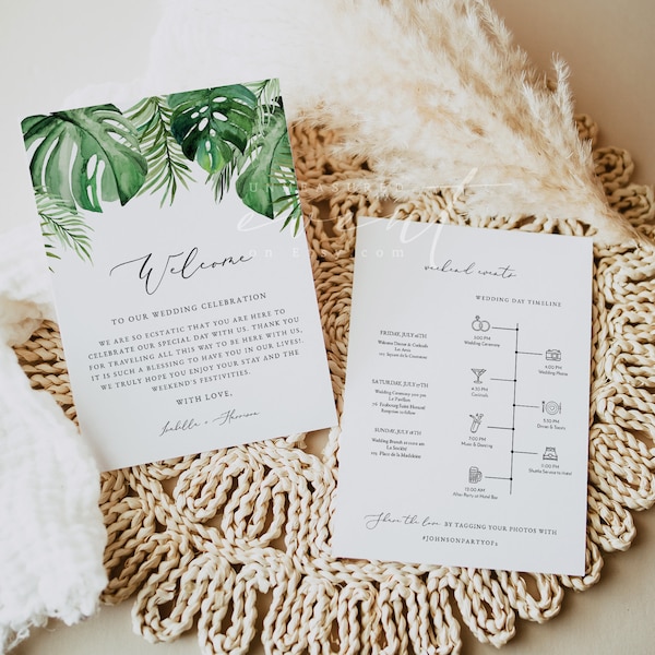 Plantilla de línea de tiempo de boda tropical, carta de bienvenida de destino, línea de tiempo de bolsa de bienvenida, línea de tiempo de bolsa de bienvenida de playa, CORA DIY de boda Templett