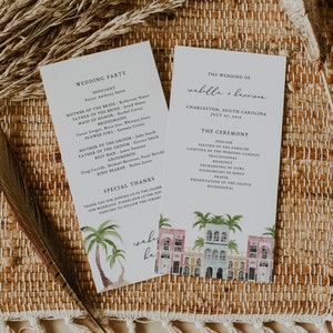 Plantilla de programa de boda de Charleston de FIONA, programa de boda en un edificio colorido y tropical, programa de boda en México, programa de boda en La Habana DIY