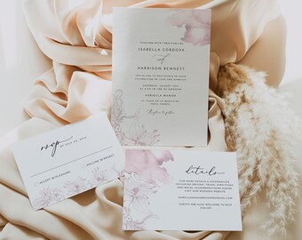 NAOMI Blush Wedding Invitation Template Suite, Watercolor Wedding Invite, Botanical Wedding Invitation, Pink Wedding Invitation Instant