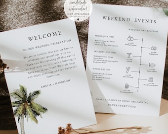 MONA Palm Tree Wedding Welcome Letter Template, Beach Wedding Timeline Printable, Destination Wedding Schedule Order of Events Tropical