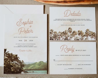 NANI Vintage Hawaii Wedding Invitation Template Suite, Hawaii Skyline Wedding Invitation Set Printable, Beach Themed Wedding Evite Island