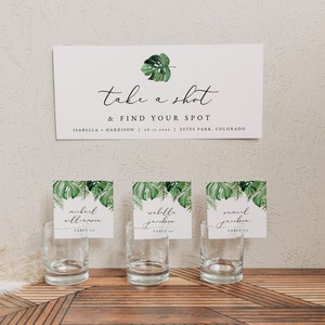 Tropical Watercolor Palm Leaves Take a Shot and Find Your Seat Wedding Seating Chart Template CORA