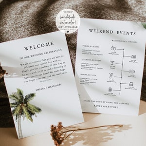 MONA Palm Tree Wedding Welcome Letter Template, Beach Wedding Timeline Printable, Destination Wedding Schedule Order of Events Tropical