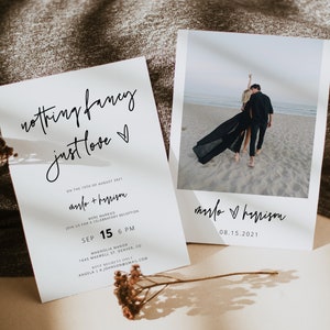 MARLO moderne minimalistische foto bruiloft aankondiging sjabloon, schakingsreceptie uitnodiging met foto edgy eigentijds We Eloped Evite
