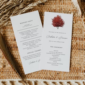 Modèle de programme d'arbre d'érable rouge WREN, programme de mariage d'arbre, cartes de programme de mariage d'automne, programme de mariage modifiable bricolage imprimable instantané