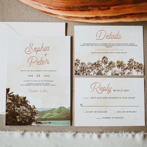 NANI Vintage Hawaii Wedding Invitation Template Suite, Hawaii Skyline Wedding Invitation Set Printable, Beach Themed Wedding Evite Island