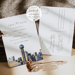 Modèle réservez votre date Dallas, Dallas Skyline réservez la date carte postale imprimable, aquarelle pour mariage à Dallas, au Texas, réservez la date instantanée Evite