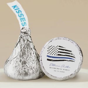 Sjabloon chocoladekus, afdrukbare kusstickers, stickers pensioenfeest, dunne blauwe lijn vlag afstuderen tag DIY - POLITIE VLAG
