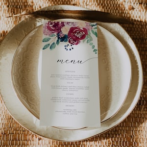 Szablon menu weselnego BELLA Marsala, drukowane menu weselne, menu granatowe i bordowe do wydrukowania, drukowane karty menu stołów, Instant