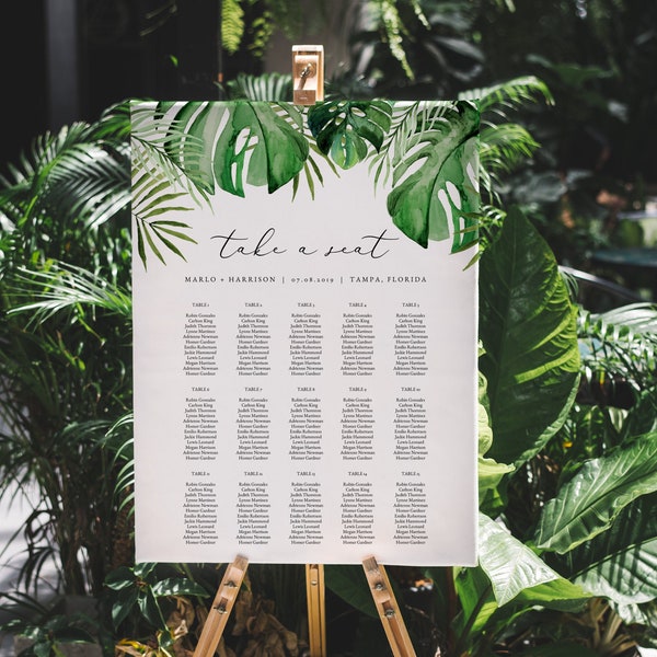 Tropical Wedding Table Seating Chart Template, Beach Wedding Seating Chart Sign, Palm Leaf Seating Chart Destination Wedding Instant CORA