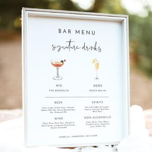 Plantilla minimalista para letrero de bebida de autor, letrero de bebida de autor para bodas, letrero moderno para barra de bebidas para él y para ella, menú de bar de bodas DIY ADELLA