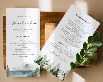 CLOVER Berg Hochzeit Programm Vorlage, Bergseen Hochzeitsprogramm zum Ausdrucken, Boho Hochzeitsprogramm, Boho Hochzeitsprogramm