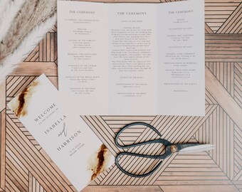 JAYLA Trifold bröllopsprogrammall, Brännorange bröllopsprogram, Vikbart terrakotta bröllopsprogram, Rostfri vigselordning