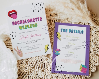 TOPANGA 90's Bachelorette Invitation Template, 90's Themed Bachelorette Party Invitation & Itinerary Printable, Retro Back to the 90's DIY