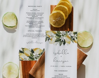 DAHLIA Lemon Wedding Program Template, Tropical Citrus Wedding Program Printable, Fruit Wedding Order of Events, Wedding Timeline Instant