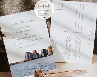 Watercolor Long Island Save the Date Template, New York Save the Date Postcard, Long Island City Skyline Save the Date Instant Download DIY