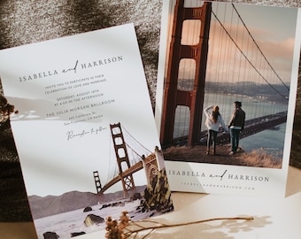 SAN FRANCISCO Wedding Invitation Template, Watercolor Golden Gate Bridge Wedding Invitation, Northern California Wedding Invite with Photo
