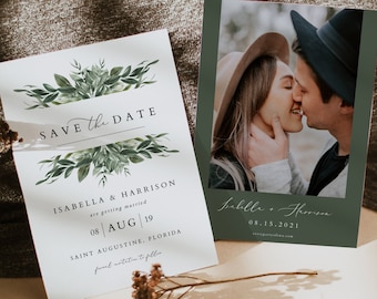LANA Bohemian Save the Date Template, Greenery Save the Date with Photo, Printable Save the Date Evite, Boho Winter Fall Garden Forest DIY