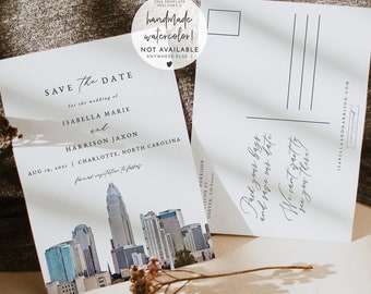 Charlotte Save the Date Postcard, North Carolina Save the Date, Watercolor Charlotte Skyline Save the Date Evite, Printable Invitations DIY
