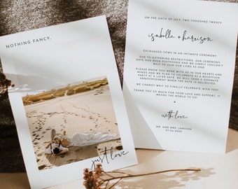 ADELLA Minimalist Photo Wedding Announcement Printable, Elopement Announcement Template, Nothing Fancy Just Love Modern Picture Invite