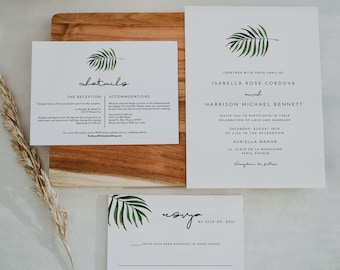CATE Modern Palm Wedding Invitation Suite, Palm Leaf Wedding Invite Printable, Minimalist Wedding Invite, Tropical Wedding Set Beach Evite
