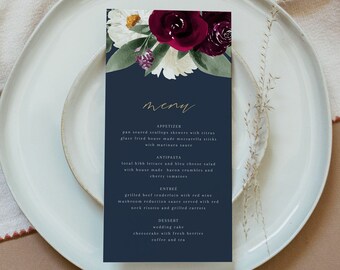 Modello di menu per matrimonio ROSA Bordeaux, Menu in Borgogna e Blu Navy, Menu in Marrone Stampabile,