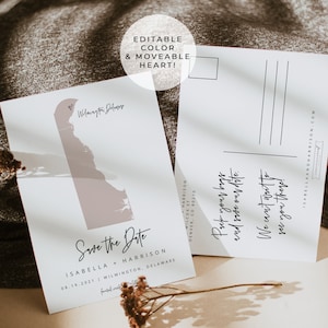 Plantilla para guardar la fecha de Delaware de QUINN, postal para guardar la fecha con el mapa de Delaware, boda con temática de viajes, invitación para guardar la fecha para boda de aventuras imprimible