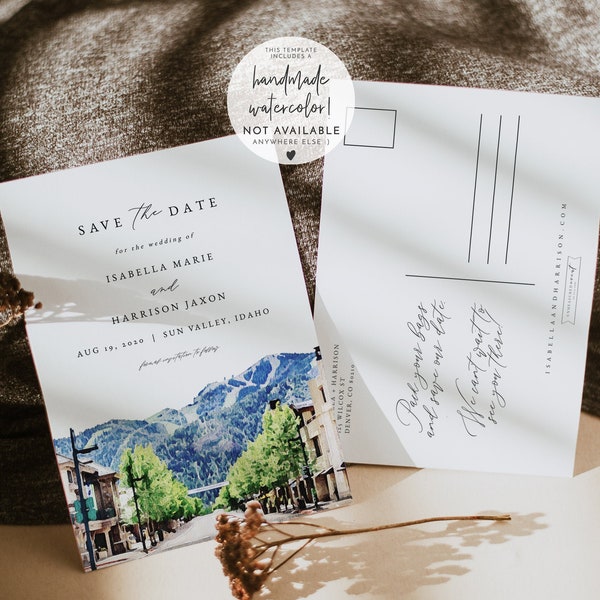 Watercolor Sun Valley Idaho Save the Date Template, Idaho Mountain Save the Date Postcard, Printable Save the Date Editable Skyline Painting