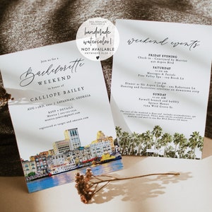 SAVANNAH Georgia Bachelorette Invitation & Itinerary Template, Watercolor Savannah Skyline Bachelorette Invite Printable Instant Download