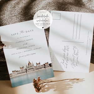 Budapest Save the Date stampabile, Parlamento ungherese Save the Date Postcard, Budapest Save the Date, Skyline di Budapest acquerello Evidence fai da te