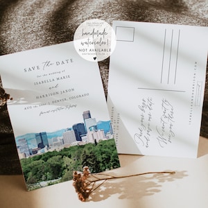 Modèle de carte postale pour faire gagner la ligne d'horizon de Denver, Denver Save the Date imprimable, Denver Colorado Save the Date aquarelle, Evite instantané bricolage