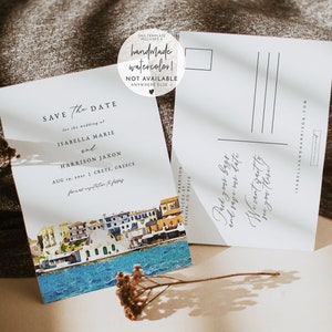 Modello Save the Date di Creta, Save the Date per matrimonio con skyline di Creta, Save the Date in Grecia con acquerello, Evite fai da te Save the Date greco Chania