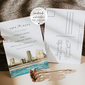 Modelo de reserva de data de Atlantic City, modelo de reserva de data de Atlantic City em aquarela, cartão postal de reserva de data de casamento em Nova Jersey, faça você mesmo instantâneo