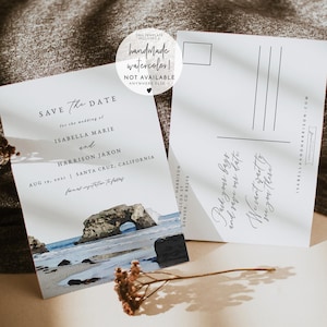 サンタクルーズのSave the Dateテンプレート、カリフォルニアのSave the Dateポストカード、オレゴンのSave the Date、水彩画の太平洋沿岸のSave the Date DIY