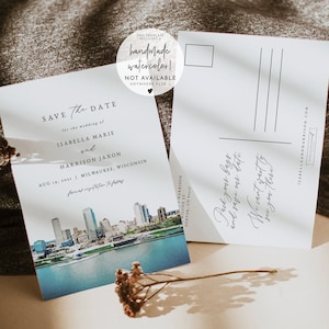 Carte postale réservez la date de Milwaukee, aquarelle de Milwaukee Skyline réservez la date imprimable, réservez la date de mariage du Wisconsin, lac Michigan bricolage