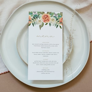 BROOKS Rustic Peachy Orange Fall Floral Wedding Menu Template Printable