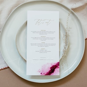 COLETTE Menu Template, Printable Menu Cards, Fuchsia Menu Instant Download, Magenta Watercolor Menu, Hot Pink Wedding Shower Birthday Menu
