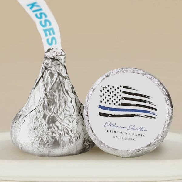 Plantilla de beso de chocolate con BANDERA DE POLICÍA, pegatinas de besos imprimibles, pegatinas de fiesta de jubilación, etiqueta de graduación de bandera de línea azul delgada DIY