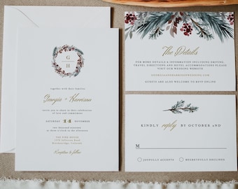 Plantillas para invitaciones de boda de invierno, invitaciones de boda navideñas, invitaciones de boda con temática de pino invernal, plantillas de tarjetas de boda imprimibles - NOEL