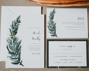 Plantillas de invitación de boda con pinos, invitación de boda con bosques, invitación de boda con montañas, invitación de boda con invierno - BEATA