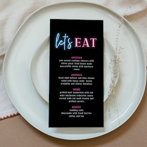 LOLA Neon Menü, Bachelorette Menü, Let's Eat Menü zum Ausdrucken, Schwarz Blau Pink Neon Menükarten, Brautdusche Menü, 80er Jahre Party Menü Bearbeitbar