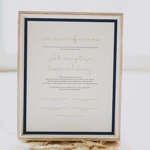 Plantilla de certificado de matrimonio azul marino y dorado, certificado de matrimonio imprimible, recuerdo de boda minimalista moderno - CAITLIN