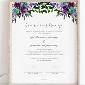 Lila Blumen Sukkulenten Heiratsurkunde, Heiratsurkunde als druckbares Andenken, Handfasting Urkunde, moderne Ketubah - OLIVIA