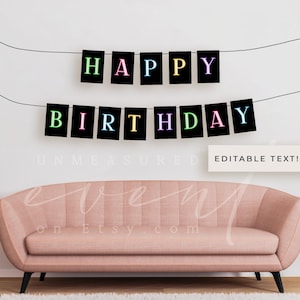 Glow Party Bunting Banner Template, Printable Birthday Bunting Banner, Neon Happy Birthday Banner, Birthday Party Welcome Banner DIY - LOLA