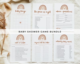 TINLEY Boho Rainbow Baby Shower Game Bundle, Baby Shower Game Kit, Printable Baby Shower Games, Terracotta Sun Burnt Orange Rust Neutral DIY