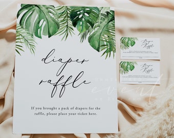 Tropical Baby Shower Diaper Raffle Game Template, Printable Palm Leaf Diaper Raffle Sign, Beach Baby Shower Diaper Raffle Ticket Ocean CORA