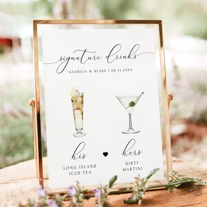 Puede incluir: Un cartel blanco con texto negro e ilustraciones de dos cócteles. El cartel dice "signature drinks" con los nombres "Georgia & Blake" y la fecha "08.15.20XX". El texto debajo de las ilustraciones dice "his" y "hers" con los nombres de los cócteles "Long Island Iced Tea" y "Dirty Martini".