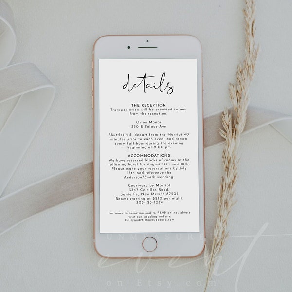 ADELLA Minimalist Electronic Wedding Details Template, Text Message Wedding Info Card, Modern Wedding Details Accommodations Directions DIY